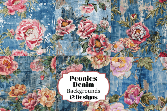 12 Peonies & Denim Seamless Backgrounds for Designers