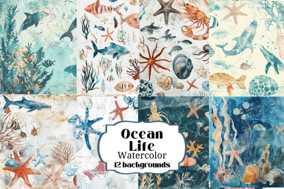Dive Deep into Design with 12 Ocean Life Watercolor Backgrounds