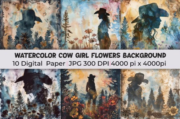 Watercolor Cow Girl Flowers Backgrounds: A Modern Design Asset